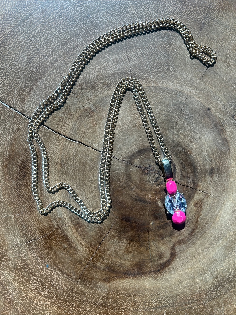 Gold-Tone Necklace with Pink and Clear Crystal Pendant